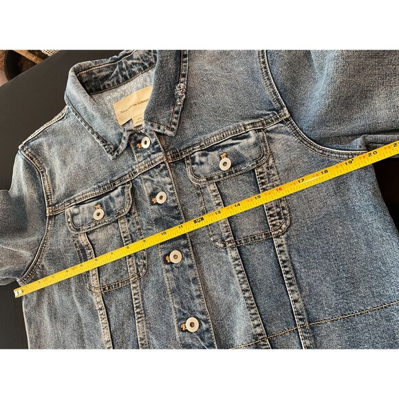 ~ Pilcro Lg Jean Jacket Cropped Denim Anthropologie Blue Raw Edge Stretch Large - Picture 8 of 14